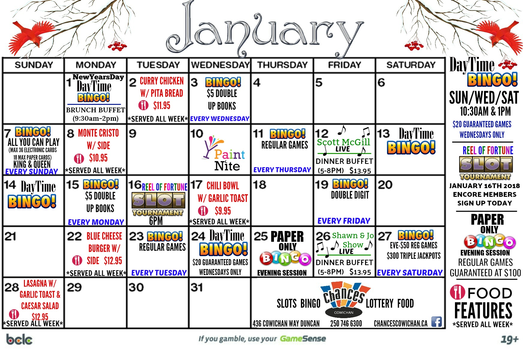 JANUARY CALENDAR Chances Cowichan